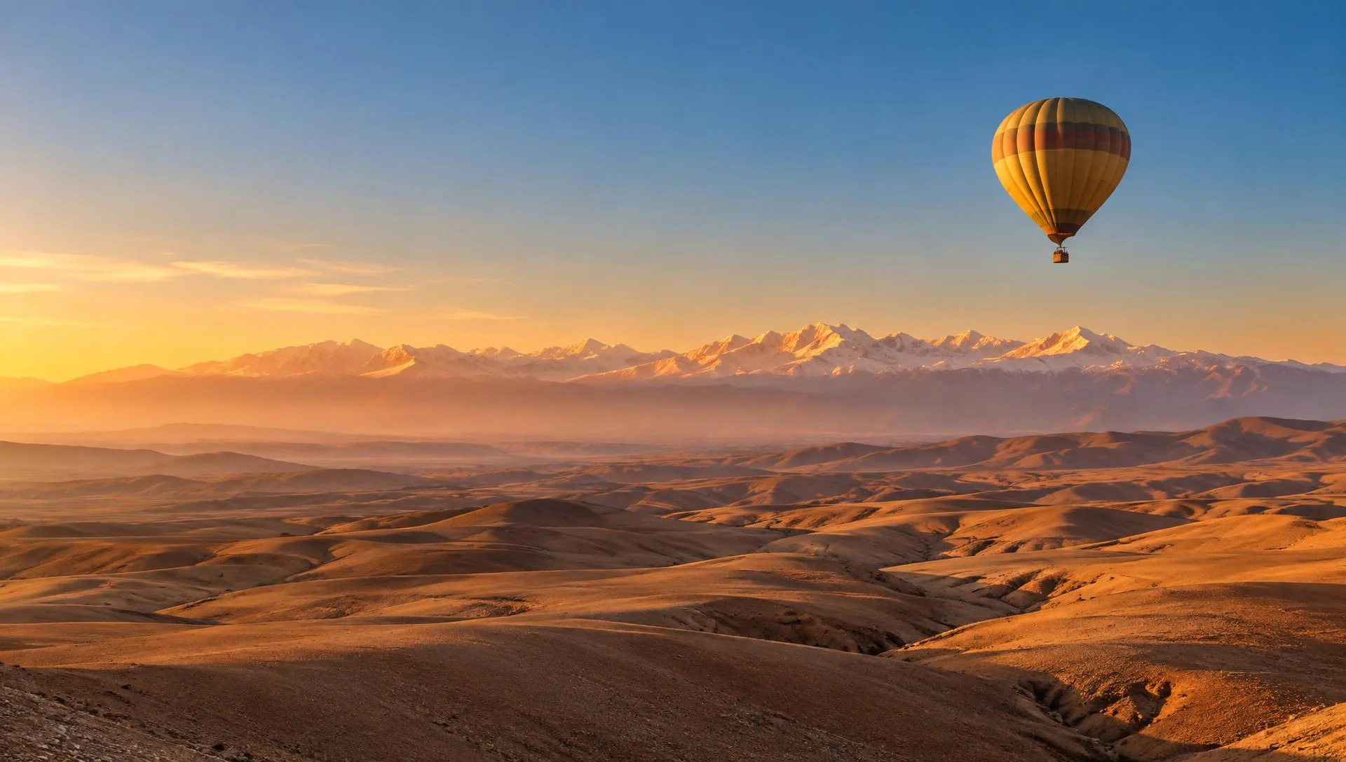 Une montgolfière au lever du soleil au-dessus du désert d'Agafay, face aux sommets enneigés de l'Atlas
