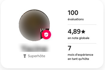 Profil d’hôte Airbnb du propriétaire aujourd’hui : 100 évaluations, note globale 4,89, statut Superhôte